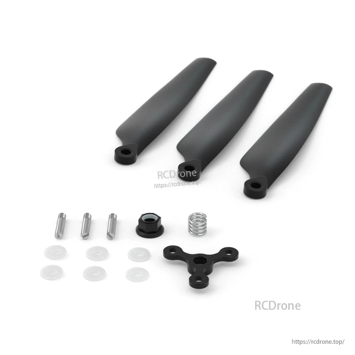 BrotherHobby Three-blade Folding Propeller, BrotherHobby folding propeller set with three black blades, hub plate, spring, nut, pins, and washers