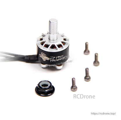 BrotherHobby Tornado T2 1407 CW brushless motor with attached wires, mounting screws, and prop nut