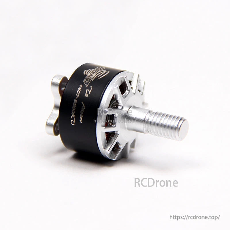 BrotherHobby Tornado T2 1407 CW Brushless Motor, BrotherHobby Tornado T2 1407 brushless drone motor close-up with black can, silver housing, and threaded shaft