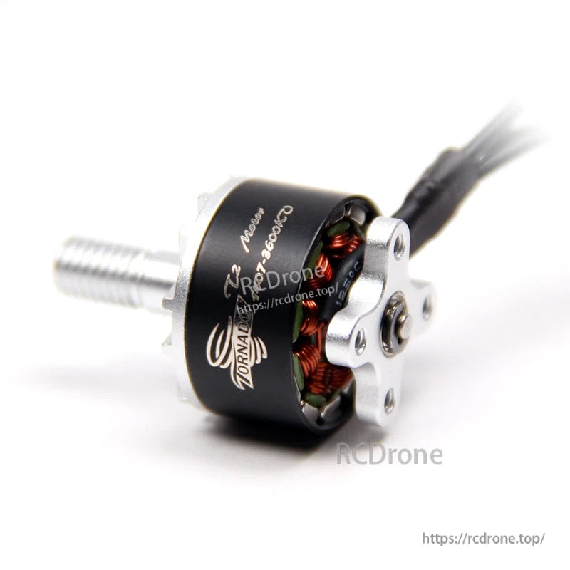 BrotherHobby Tornado T2 1407 CW brushless motor with exposed copper windings, threaded shaft, and lead wires