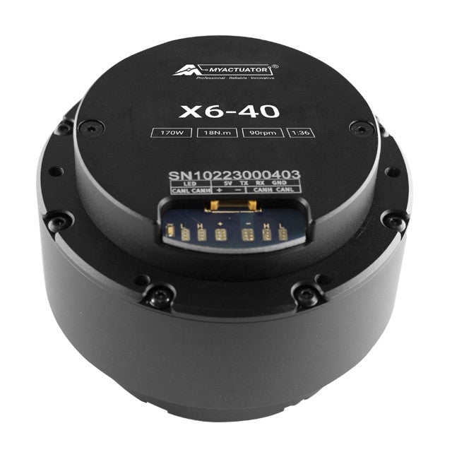 The MyActuator X6-40 is a 170W servo actuator with 18N·m torque, 90rpm speed, 36:1 gear ratio, and CAN/RS485 communication.