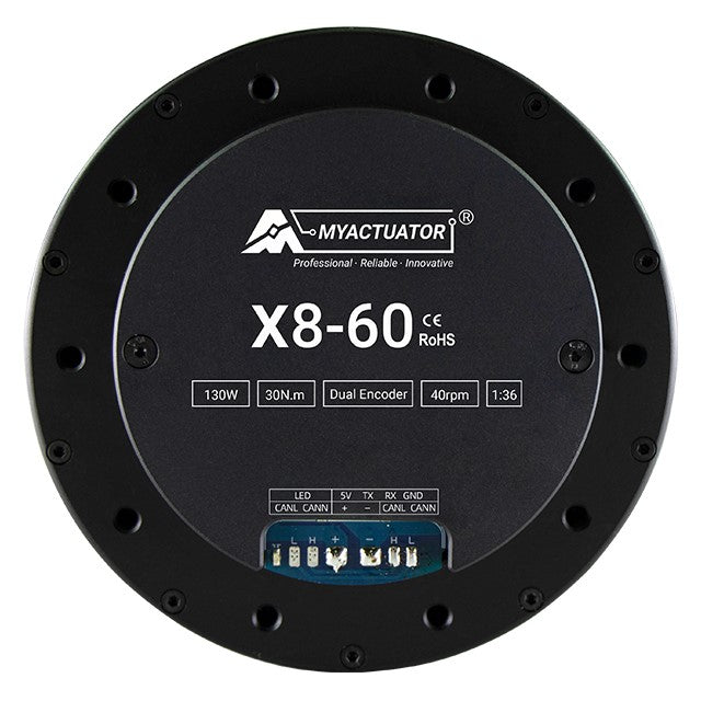 MyActuator X8-60: 130W, 30N.m torque, dual encoder, 40rpm, 1:36 gear ratio, CAN BUS/RS485, 48V brushless DC servo motor.
