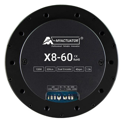 MyActuator X8-60: 130W, 30N.m torque, dual encoder, 40rpm, 1:36 gear ratio, CAN BUS/RS485, 48V brushless DC servo motor.