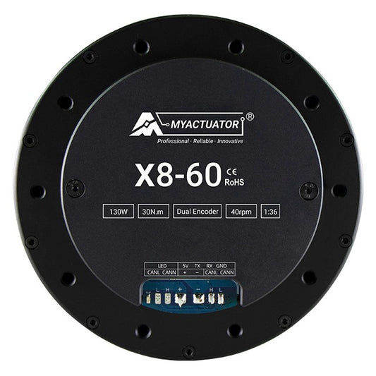 MyActuator X8-60: 130W, 30N.m torque, dual encoder, 40rpm, 1:36 gear ratio, CAN BUS/RS485, 48V brushless DC servo motor.