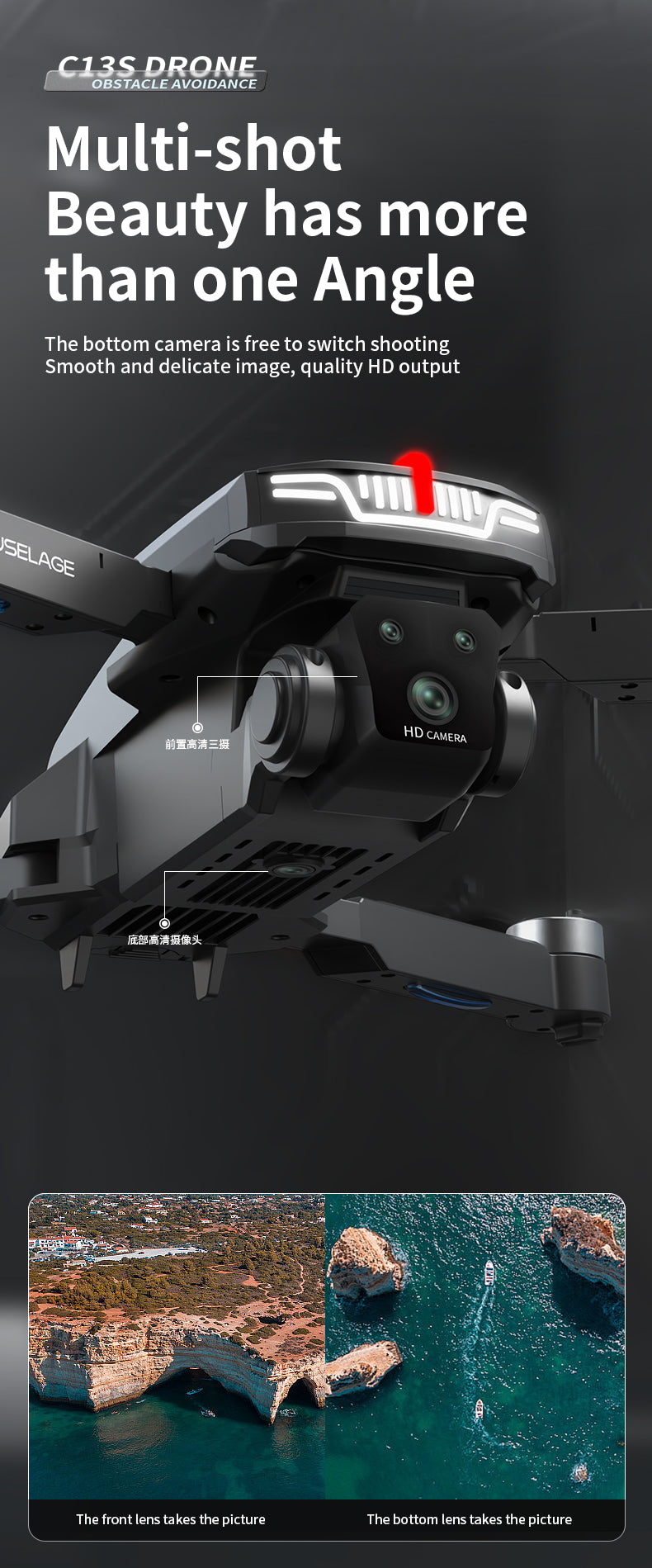 C13S Drone, Advanced drone with obstacle avoidance, takes stunning multi-shot photos and videos with HD quality.