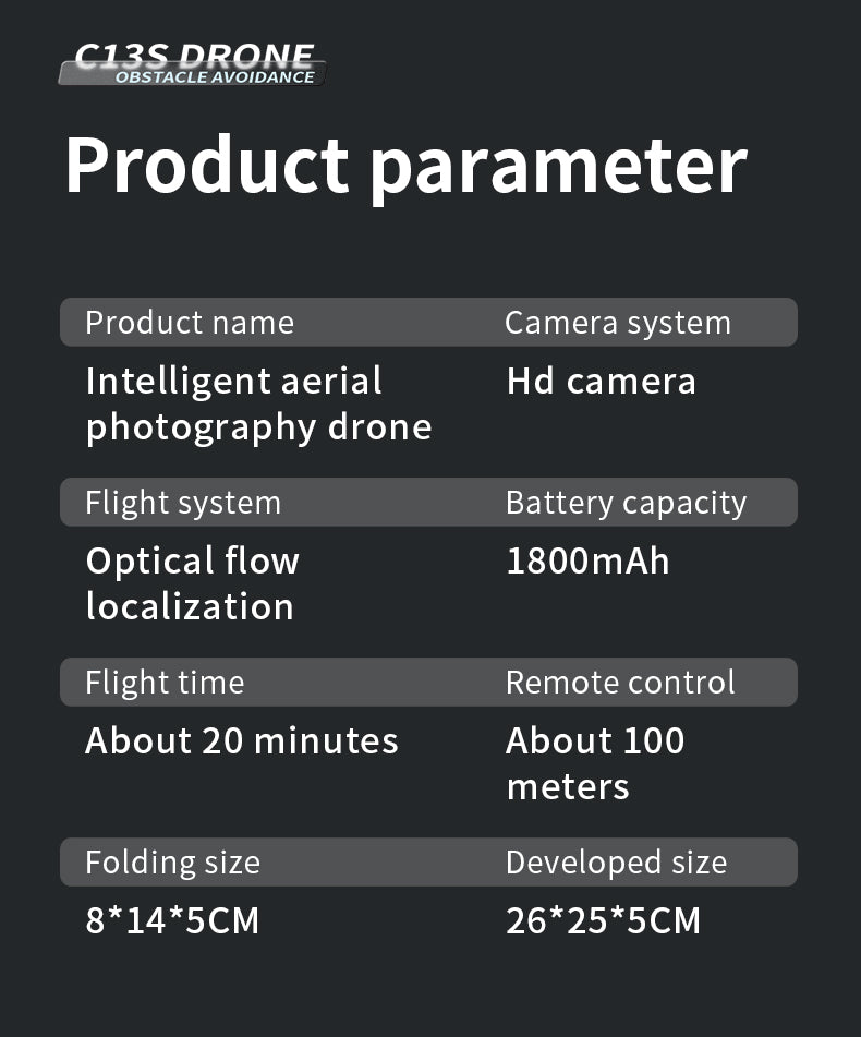 C13S Drone, Drone with obstacle avoidance, HD camera, and remote control for up to 20-minute flights up to 100 meters.