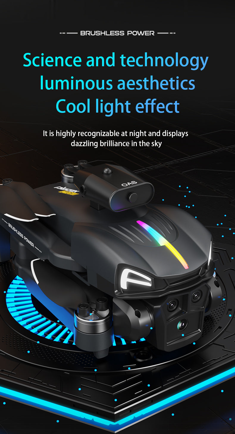 C15 Drone, High-tech drone with brushless power and glowing design shines brightly at night.