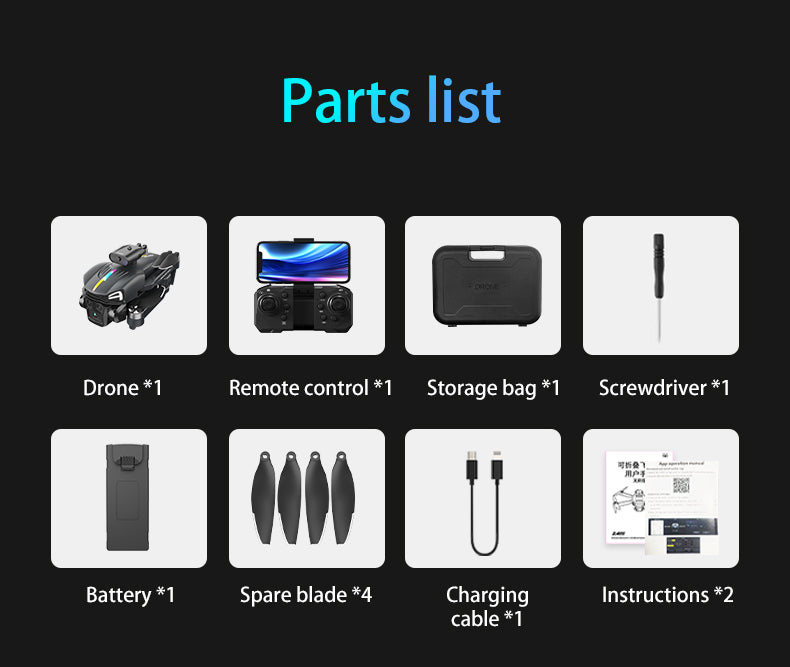 C15 Drone Kit Includes Drone, Remote, Storage Bag, Tools, Spare Blades, Battery, and Charging Instructions.