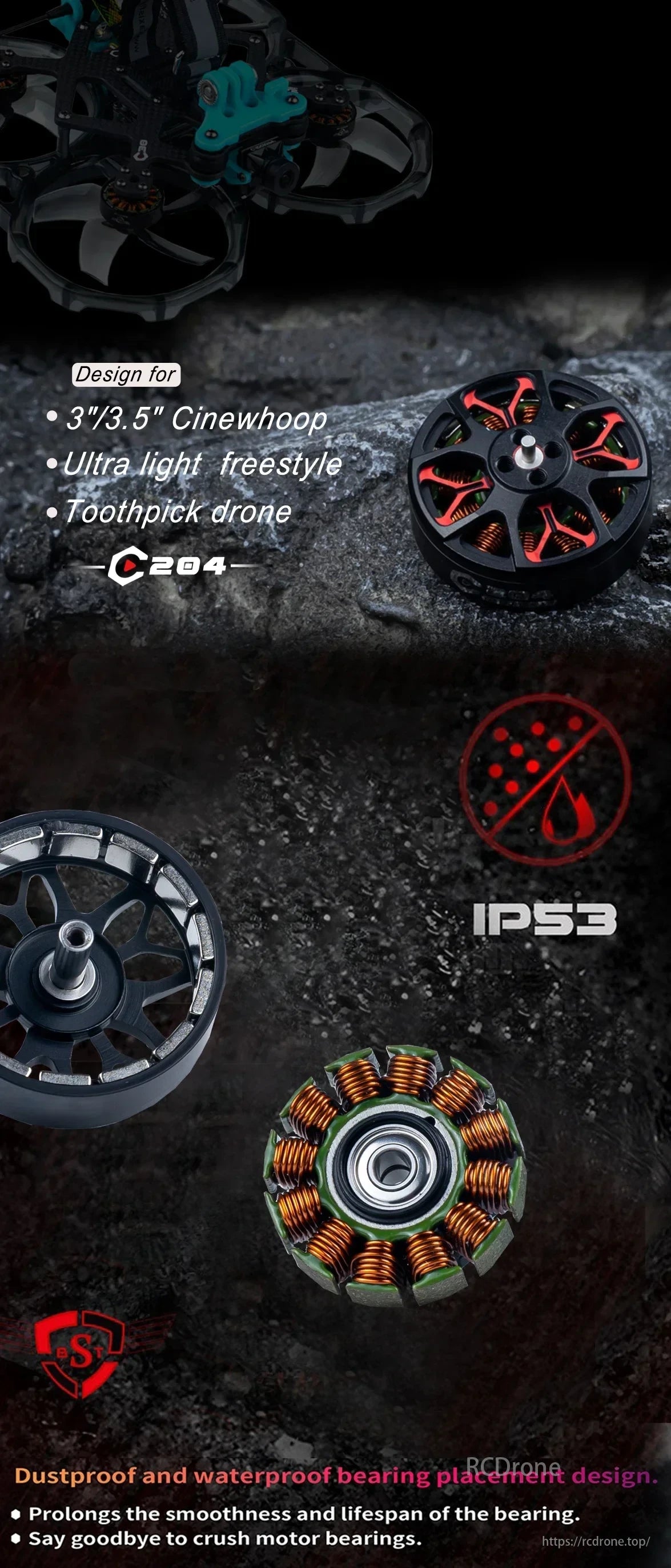 C204 Cinewhoop motor for 3"/3.5" drones: lightweight, freestyle, IP53 dust/waterproof, extended lifespan.