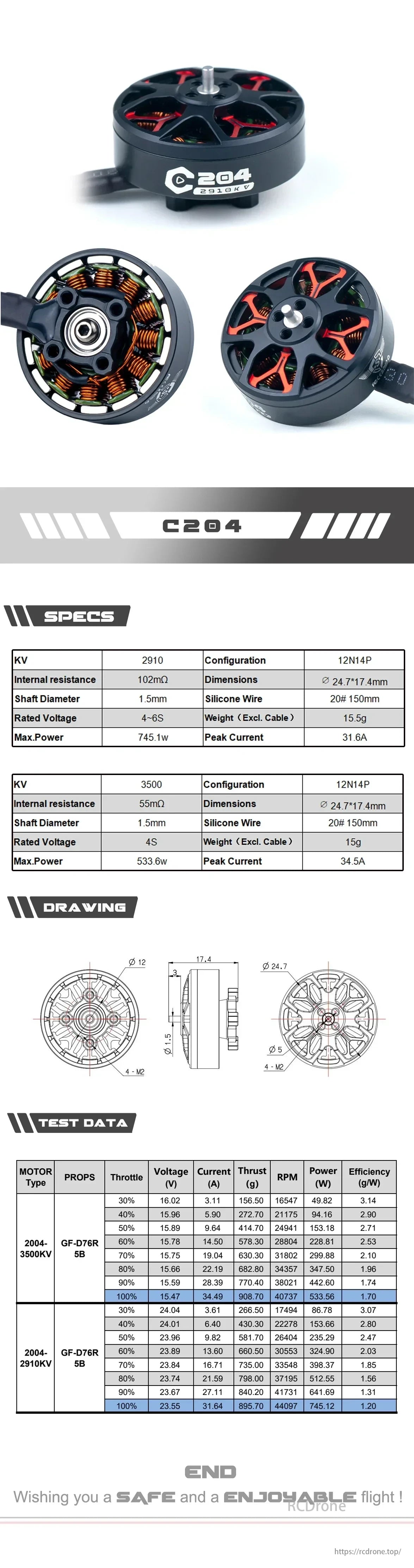 C204 Cinewhoop Motors have KV 2910/3500, 12N14P config, 24.7x17.4mm size, 15-15.5g weight, 1.5mm shaft, silicone wire, max power 745.1W/533.6W, and peak current 31.6A/34.5A. Test data available.