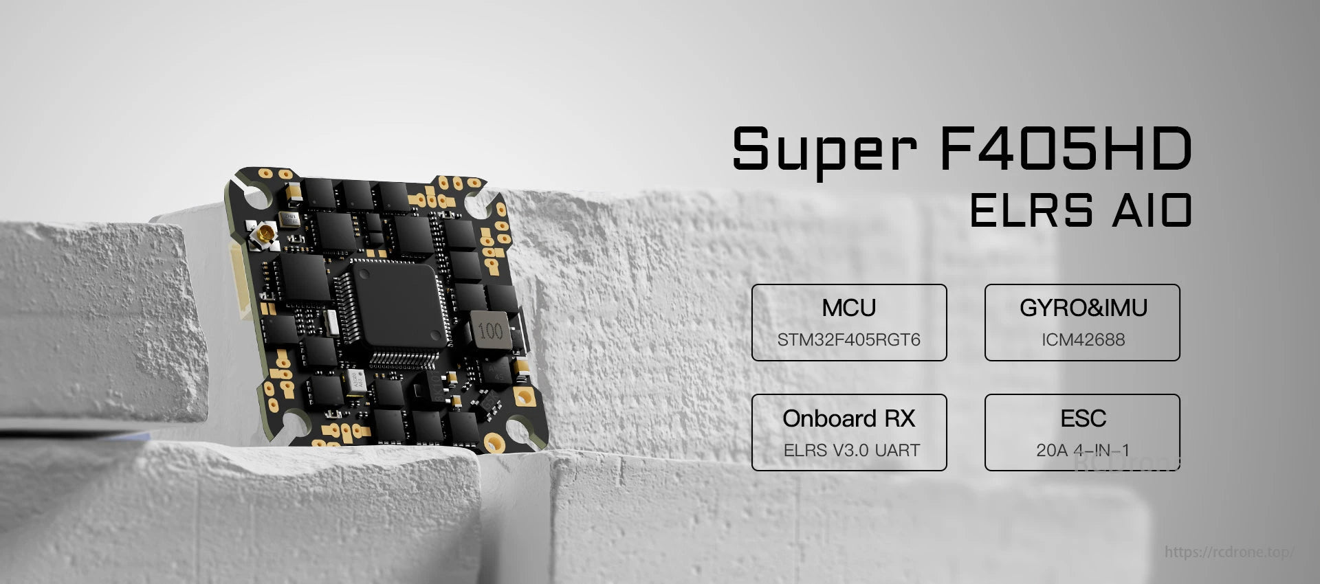 CADDXFPV, F405HD ELRS AIO features STM32F405RGT6 MCU, ICM42688 GYRO&IMU, ELRS V3.0 UART RX, and 20A 4-in-1 ESC for advanced drone control.