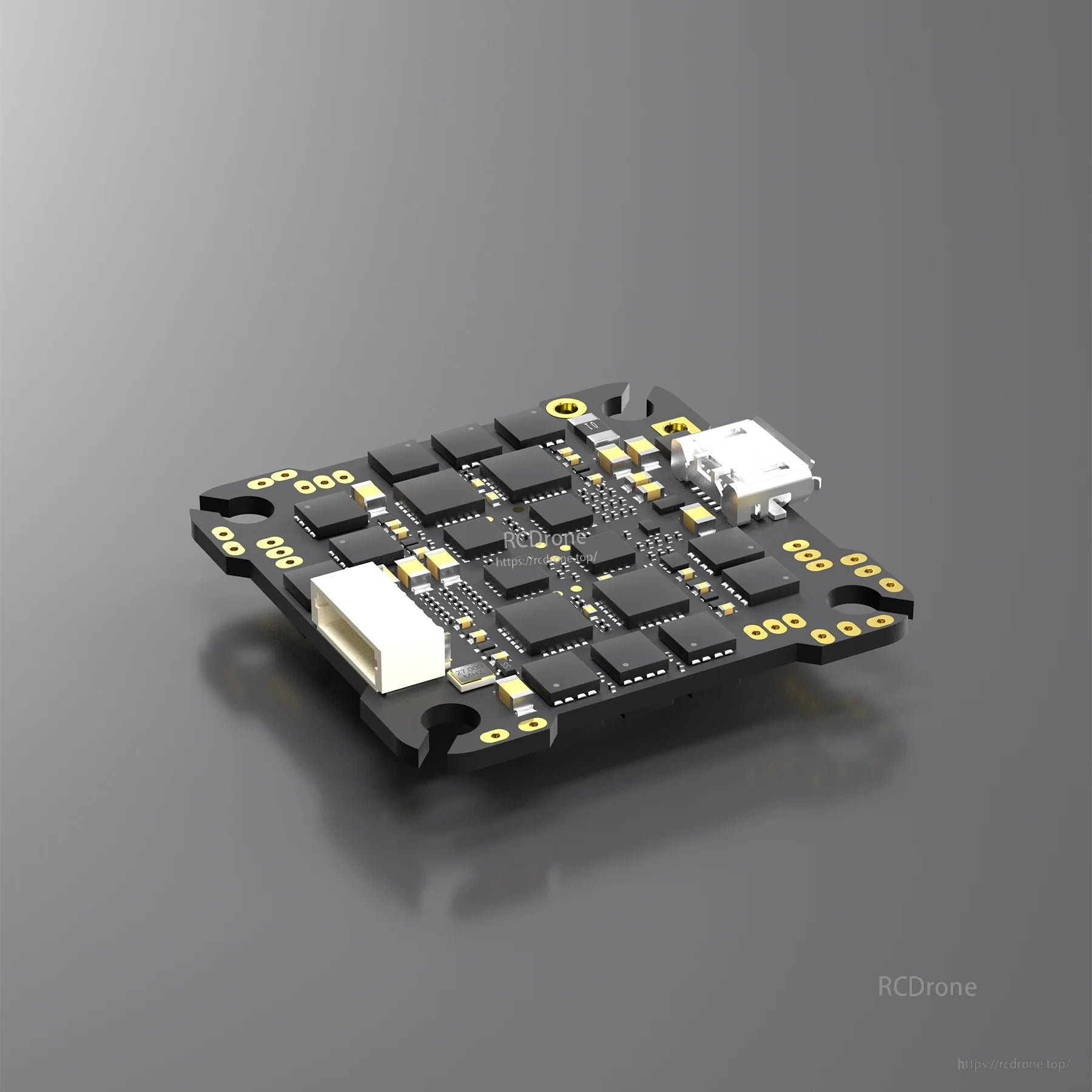 Angled view of the F405HD ELRS AIO board showing solder pads and plug connectors for a compact FPV build