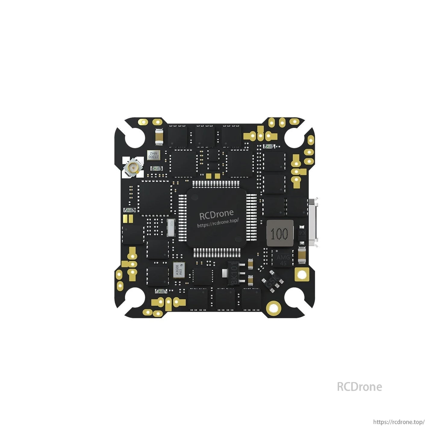 Top view of F4 AIO ELRS flight controller board with “100” inductor marking and USB port