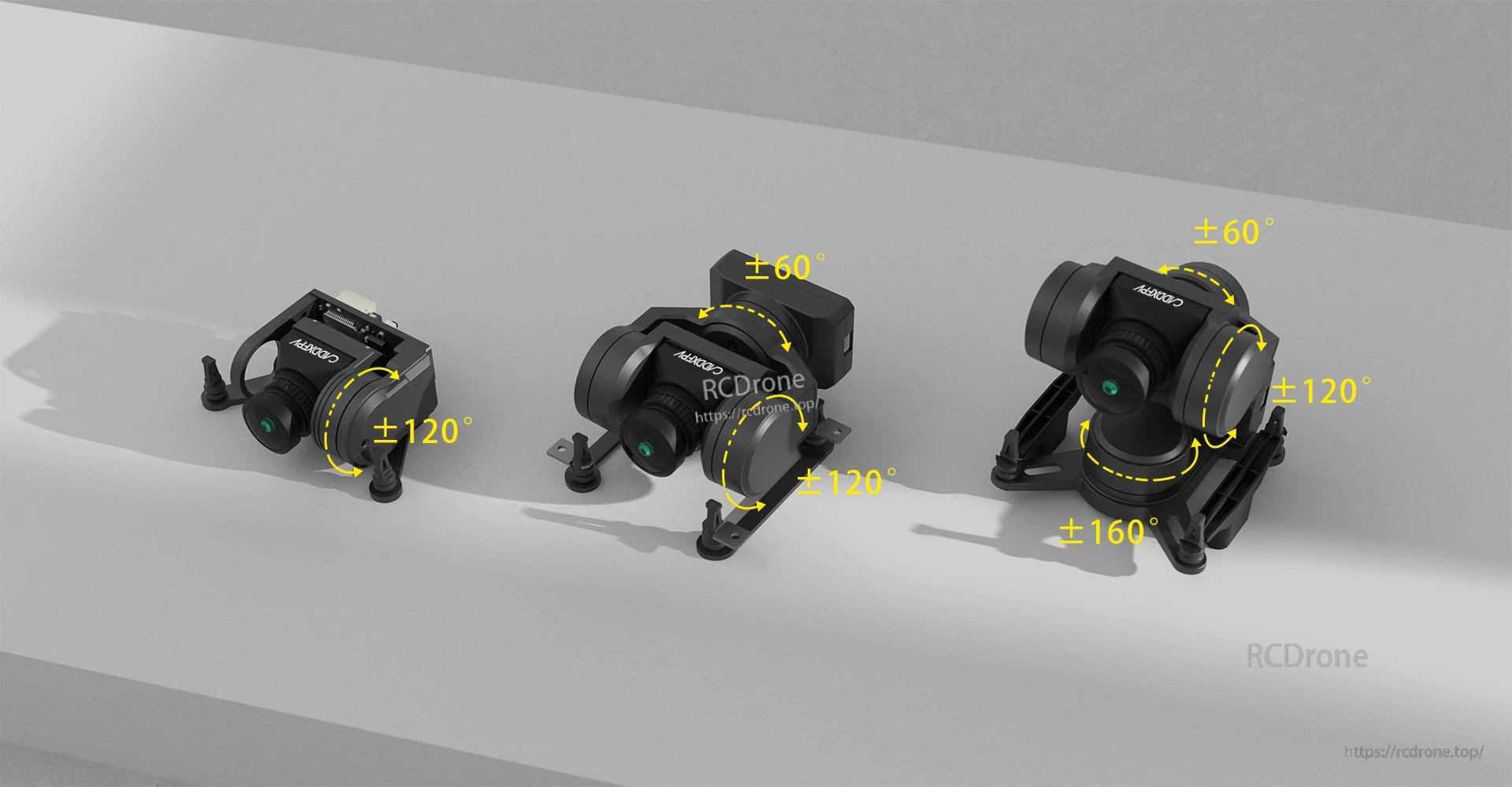 CADDXFPV GM1/GM2/GM3 Drone Gimbal, CADDXFPV GM1, GM2, and GM3 gimbals feature specified angle ranges for FPV applications.