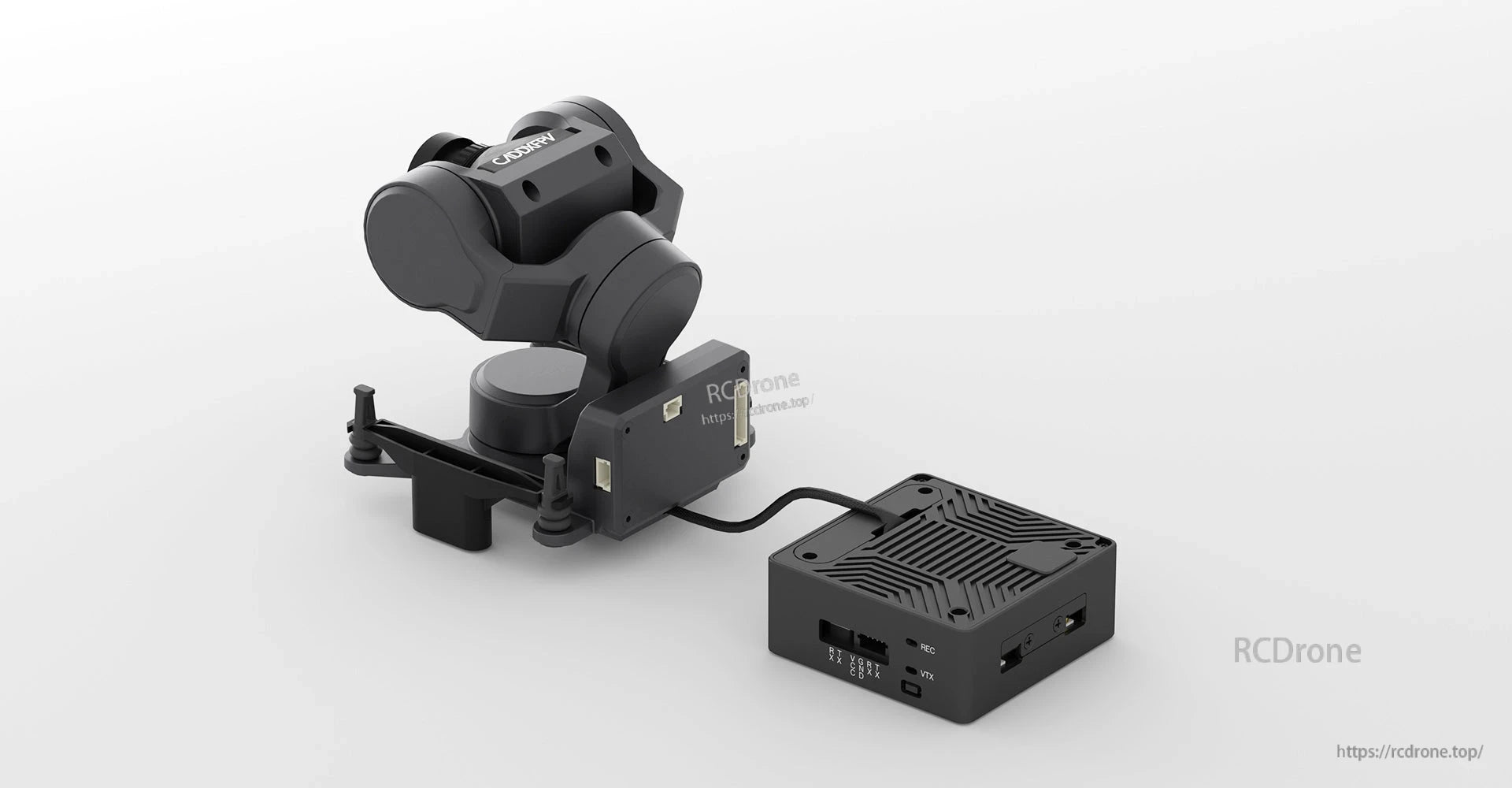 CADDXFPV GM1/GM2/GM3 Drone Gimbal, Specifications for GM1, GM2, and GM3, compatible with 19mm FPV cameras, offering image stabilization and head tracking control.