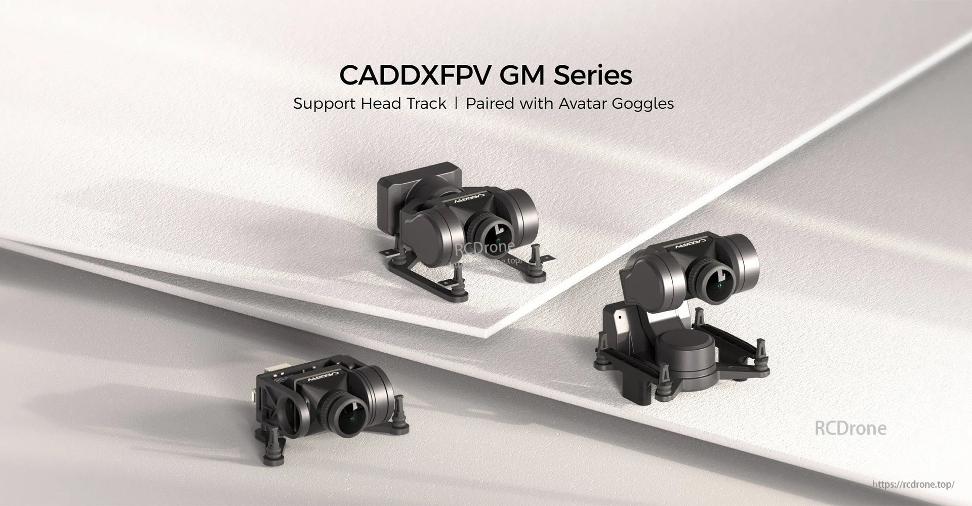 CADDXFPV GM1/GM2/GM3 Drone Gimbal, CADDXFPV GM Series gimbals support head tracking, pair with Avatar Goggles, and feature a sleek black-on-white design.