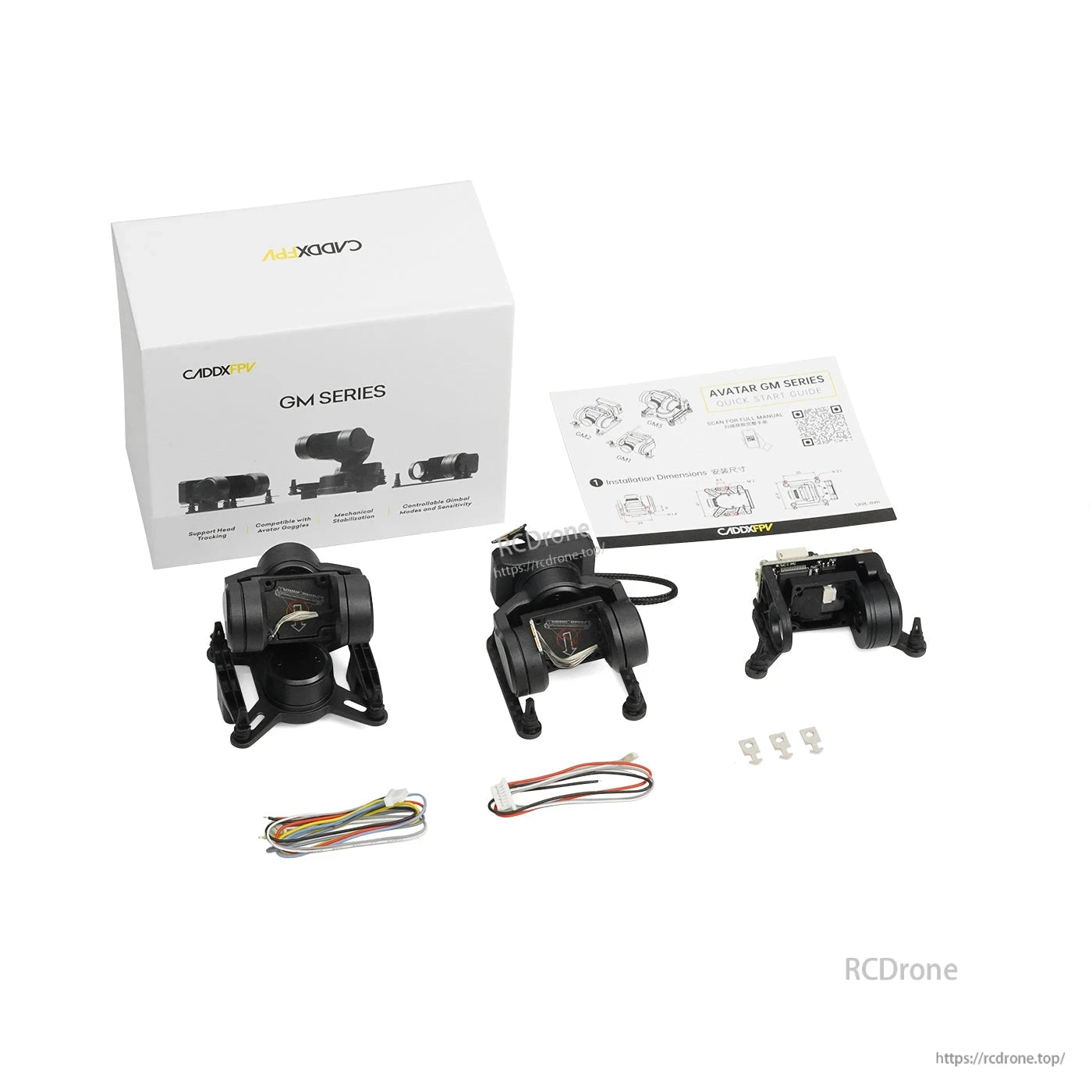 CADDXFPV GM1/GM2/GM3 Drone Gimbal, CADDXFPV GM Series gimbals include accessories and offer head tracking, Avatar compatibility, mechanical stabilization, and adjustable modes.