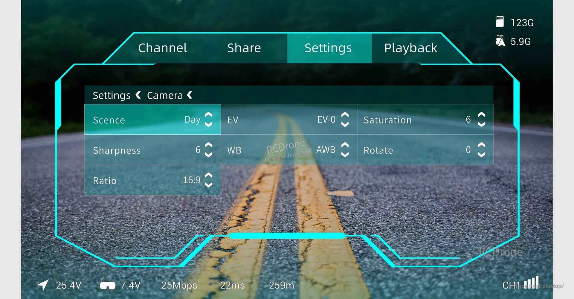 CADDXFPV GM1/GM2/GM3 Drone Gimbal, Camera settings interface includes scene, sharpness, ratio, EV, WB, saturation, rotate; status indicators show voltage, speed, latency, distance, channel, and storage usage.