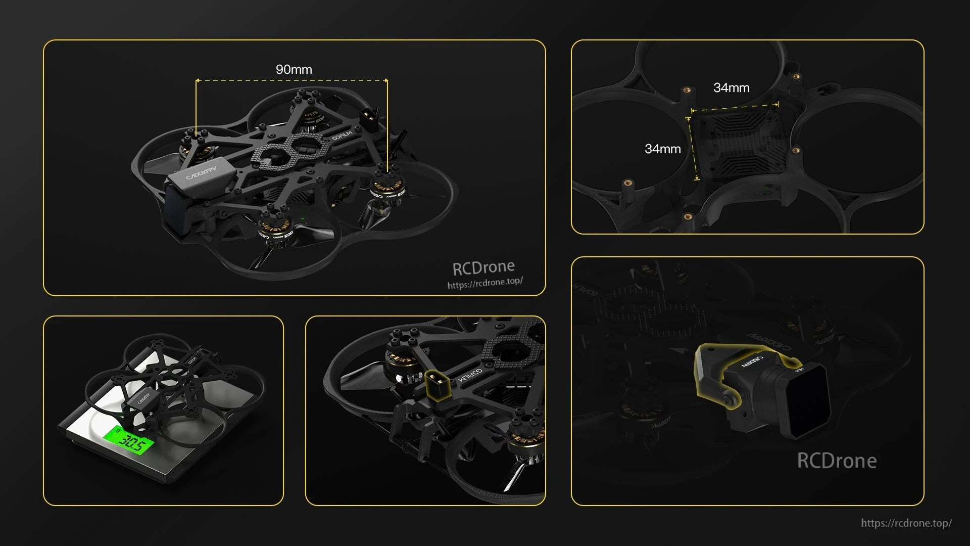 CADDXFPV Gofilm 20 Frame, Integrated VTX bracket, built-in XT30 plug, camera mounting system with protection, absorption, adjustment, and ND filter install.