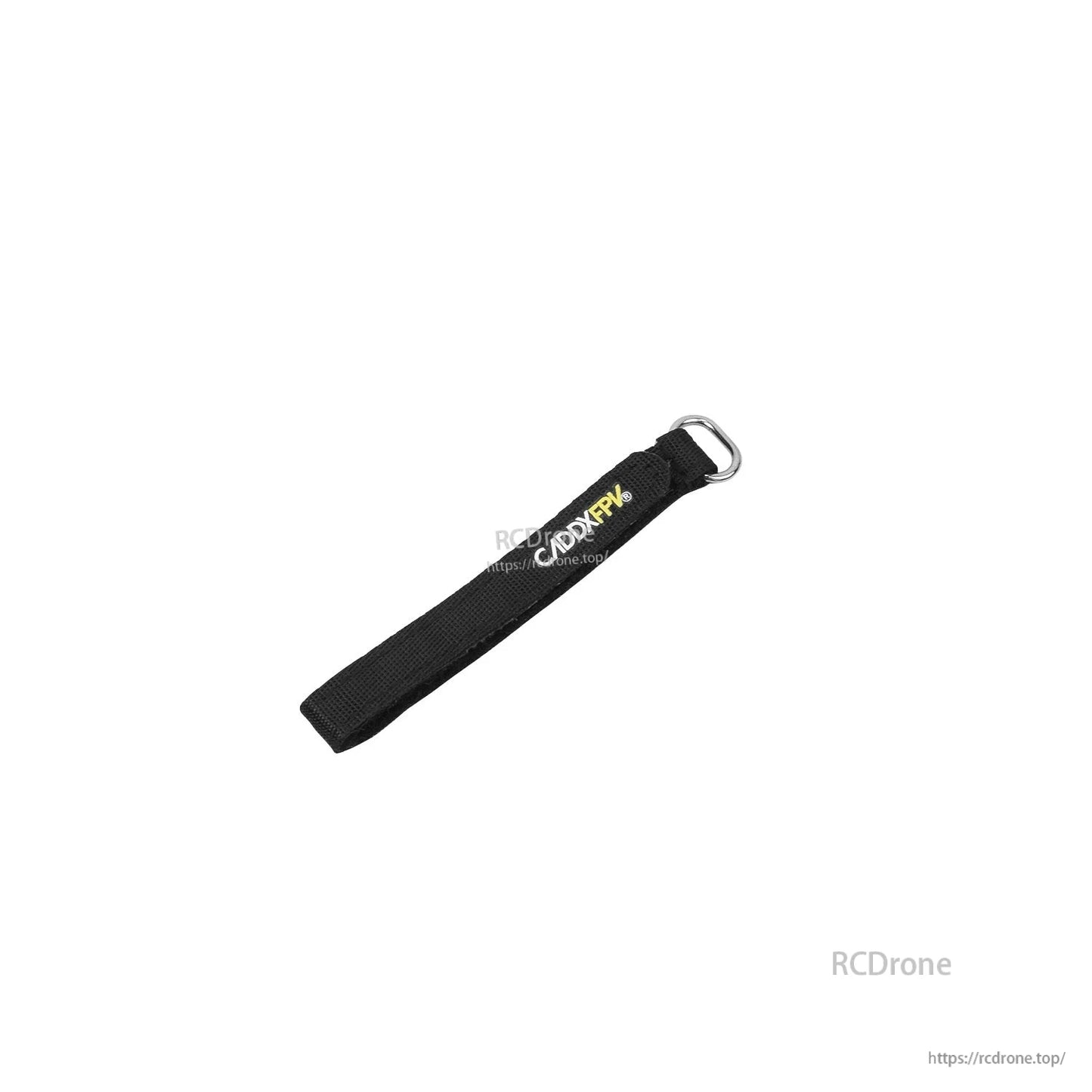 Black hook-and-loop battery strap with CADDXFPV logo and silver D-ring buckle, angled view