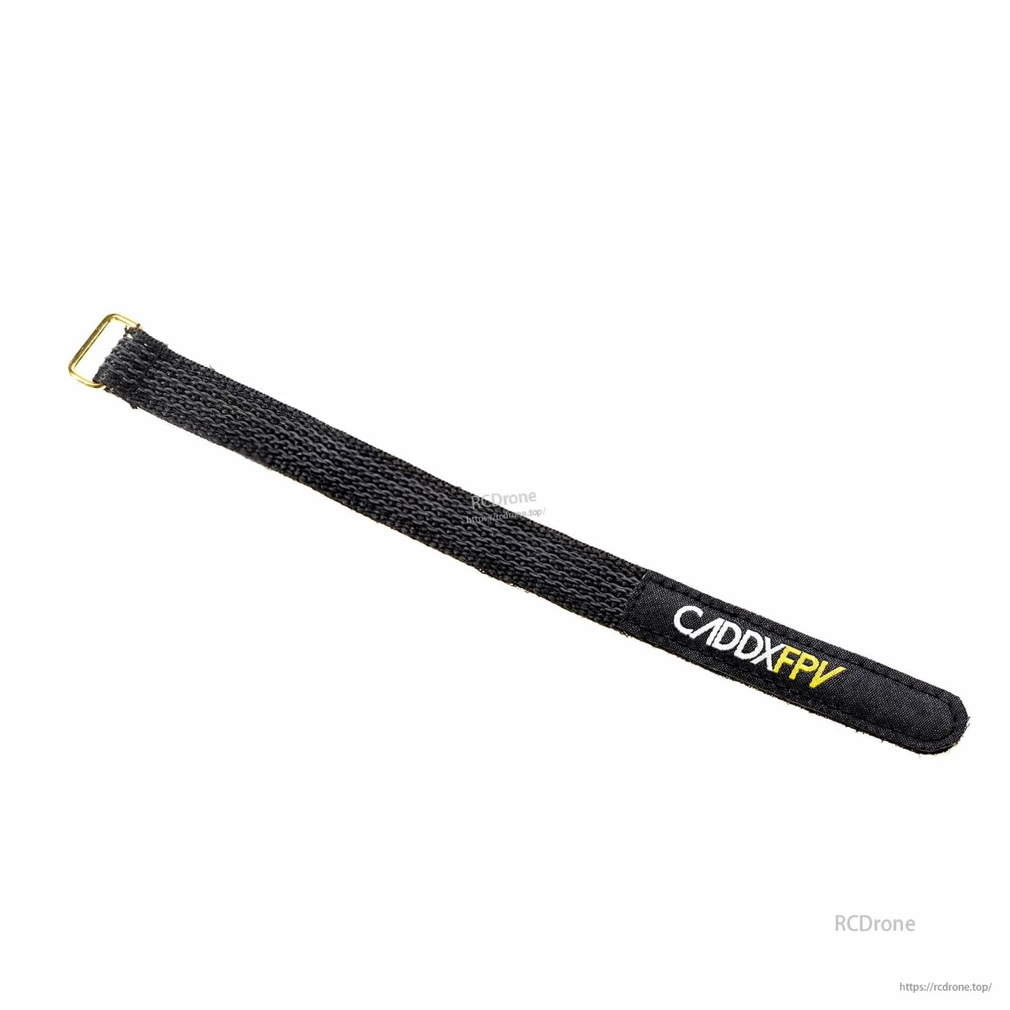 Angled view of black hook-and-loop strap showing woven nylon pattern and stitched logo end