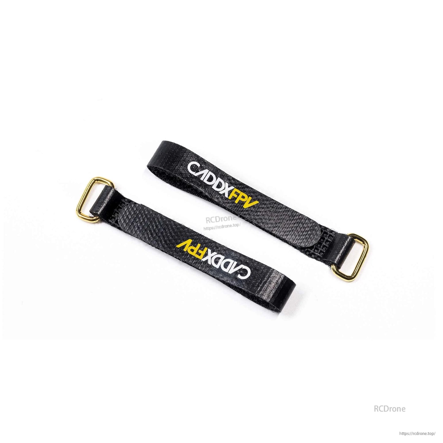 Two black CADDXFPV battery straps shown together, hook-and-loop pads and gold buckles visible