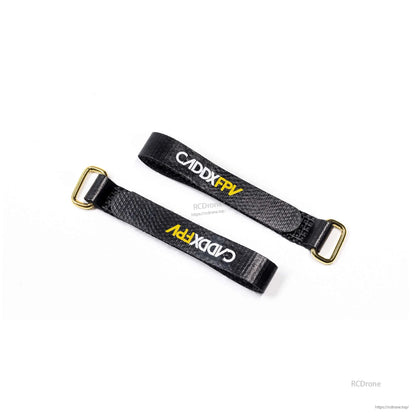 Two black CADDXFPV battery straps shown together, hook-and-loop pads and gold buckles visible