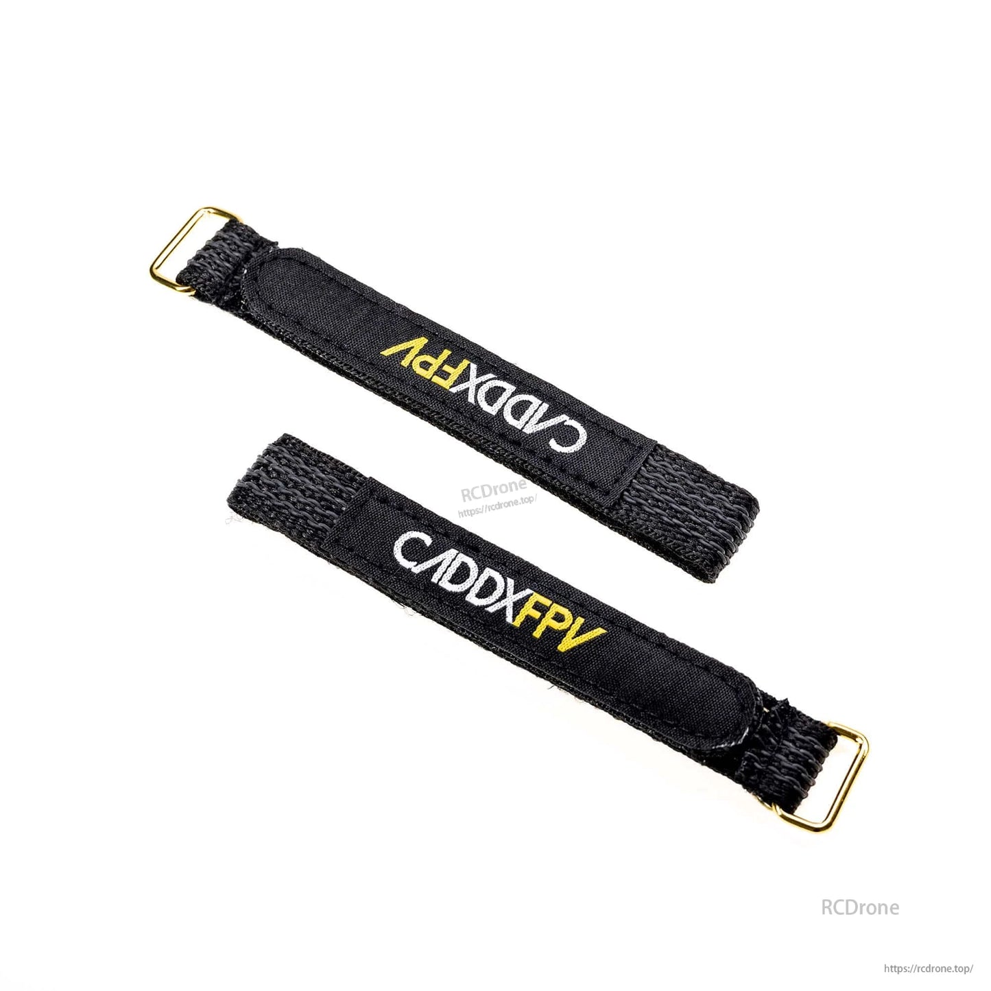 Two black hook-and-loop straps overlapped, showing CADDXFPV logo panels and gold buckles