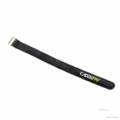 Close view of woven black strap texture and stitched end tab with CADDXFPV branding
