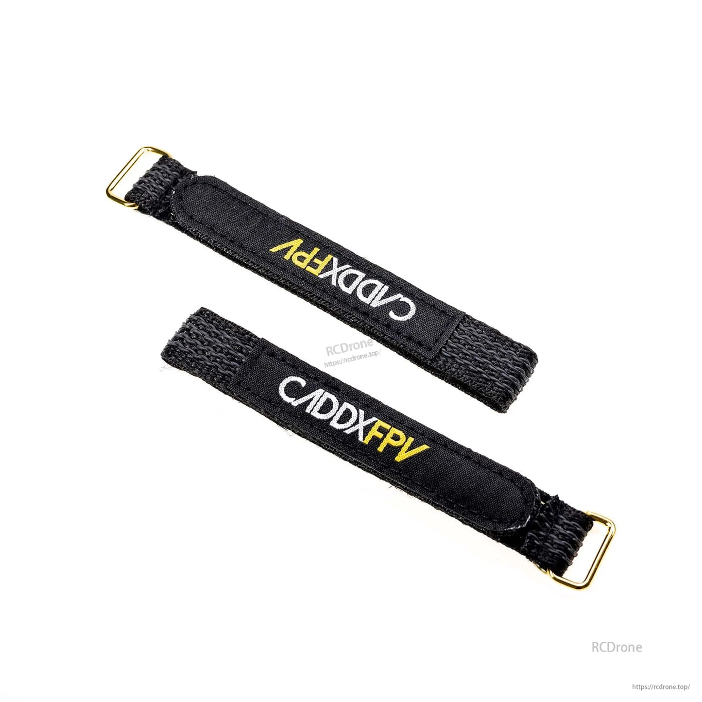 Pair of black straps with padded hook-and-loop section and CADDXFPV logo, gold buckles at ends