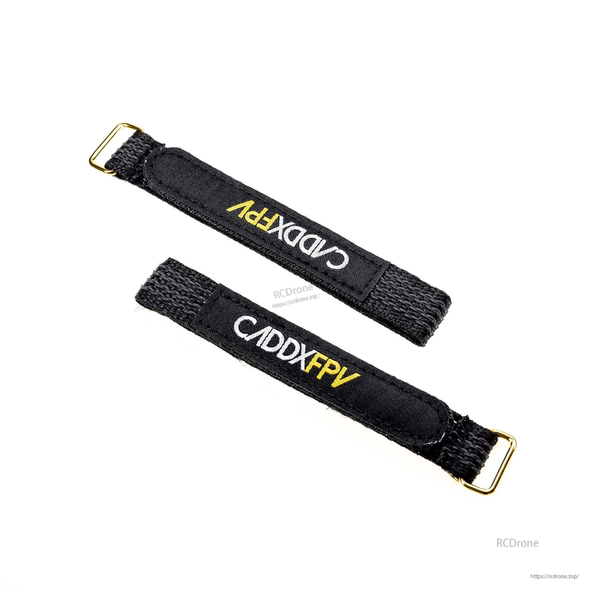 Pair of black straps with padded hook-and-loop section and CADDXFPV logo, gold buckles at ends