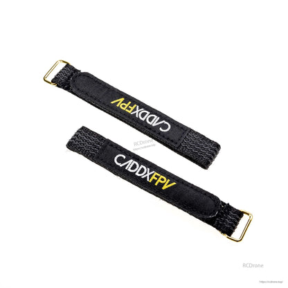 Pair of black straps with padded hook-and-loop section and CADDXFPV logo, gold buckles at ends