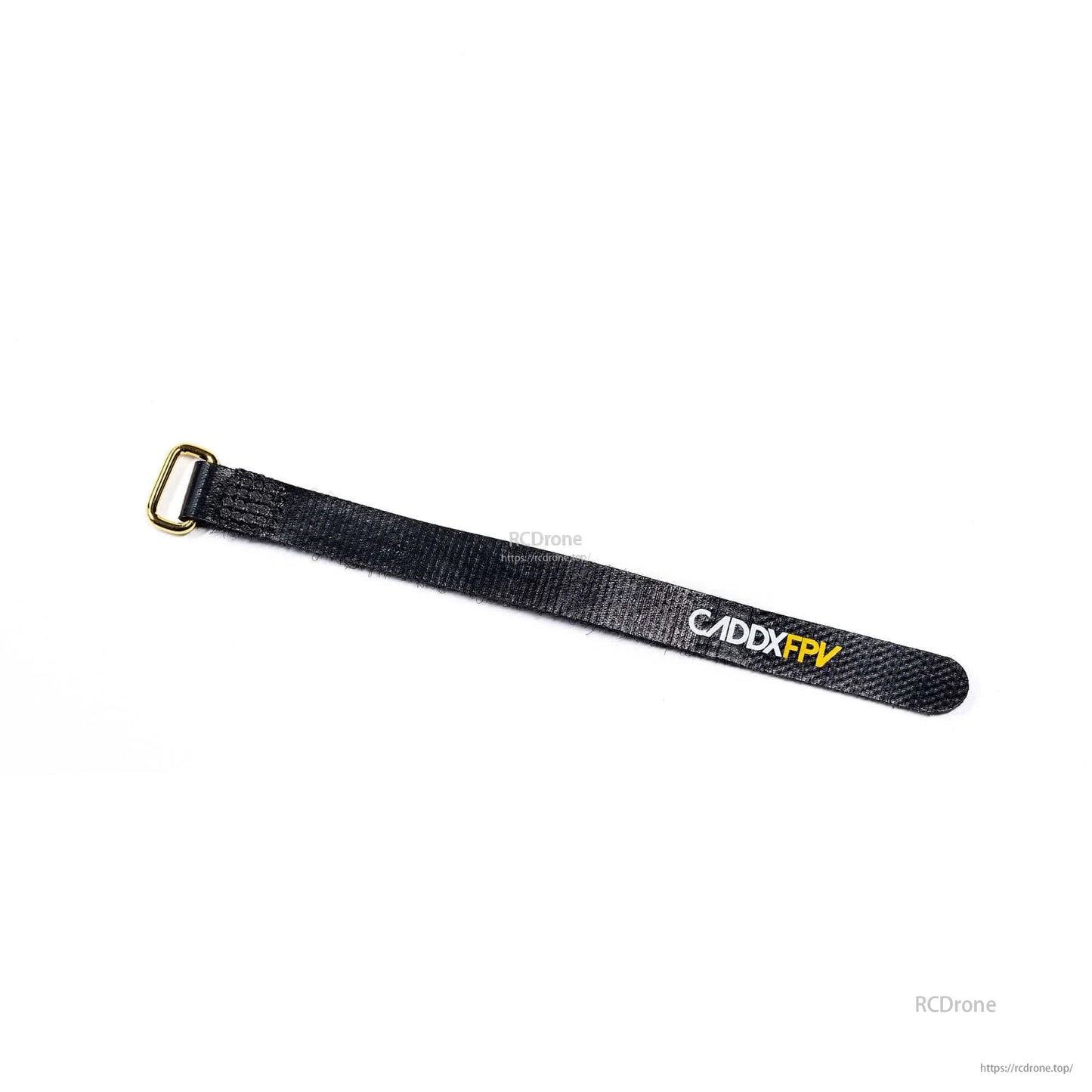 Single black hook-and-loop battery strap with CADDXFPV logo and gold buckle, laid flat