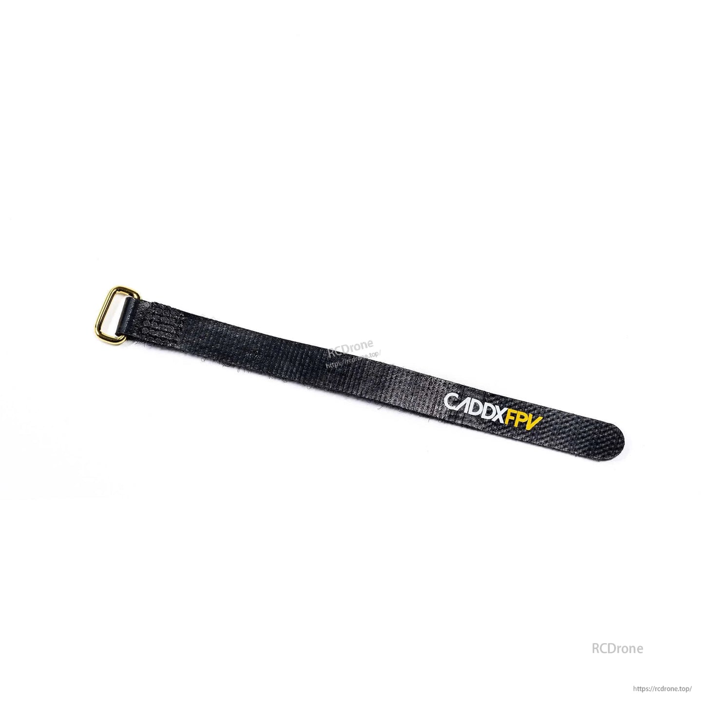 Black battery strap laid flat at an angle, CADDXFPV logo near the end and gold buckle on left