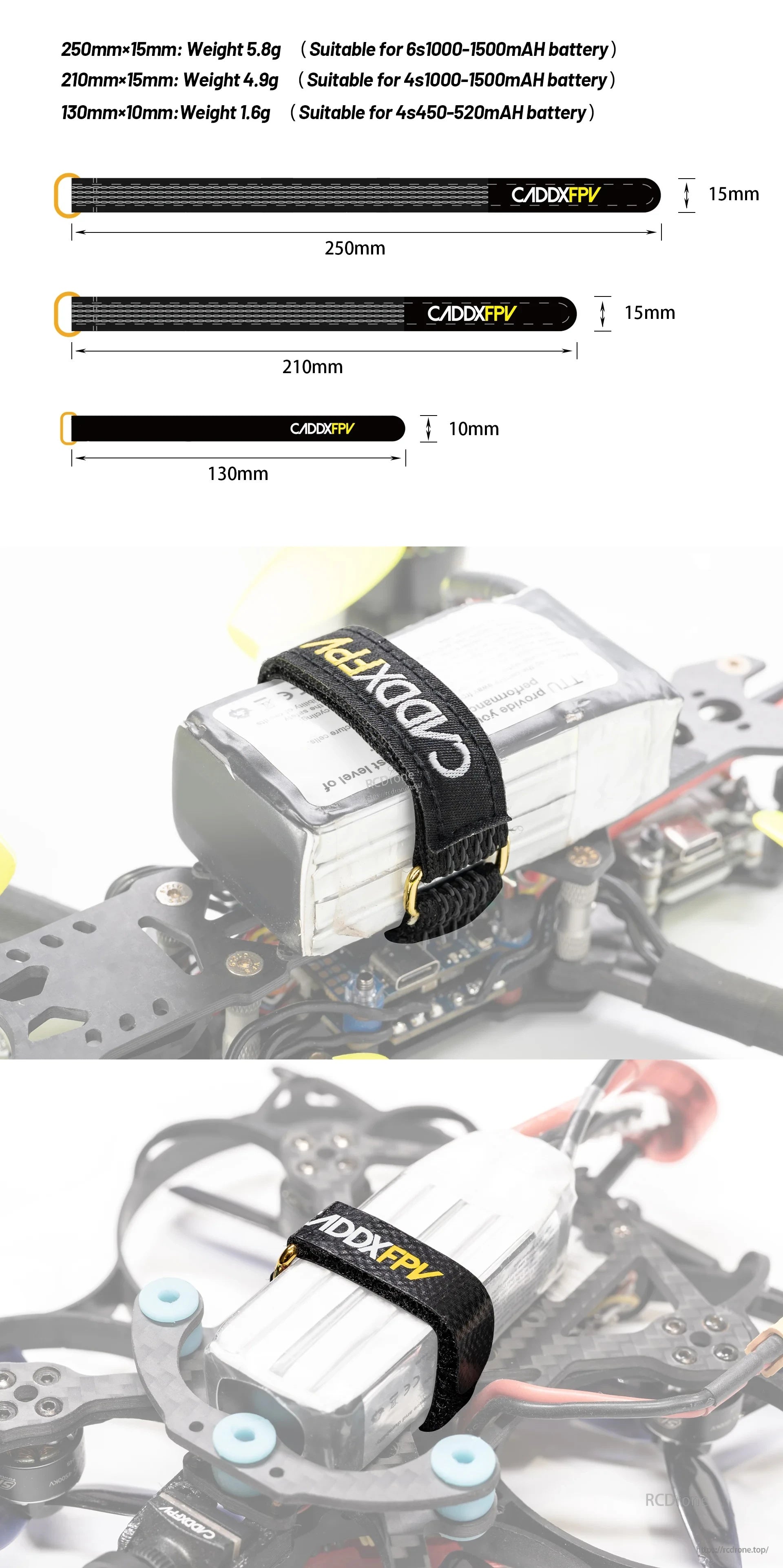 CADDXFPV Skid battery strap size chart with 250mm/210mm/130mm lengths and 15mm/10mm widths