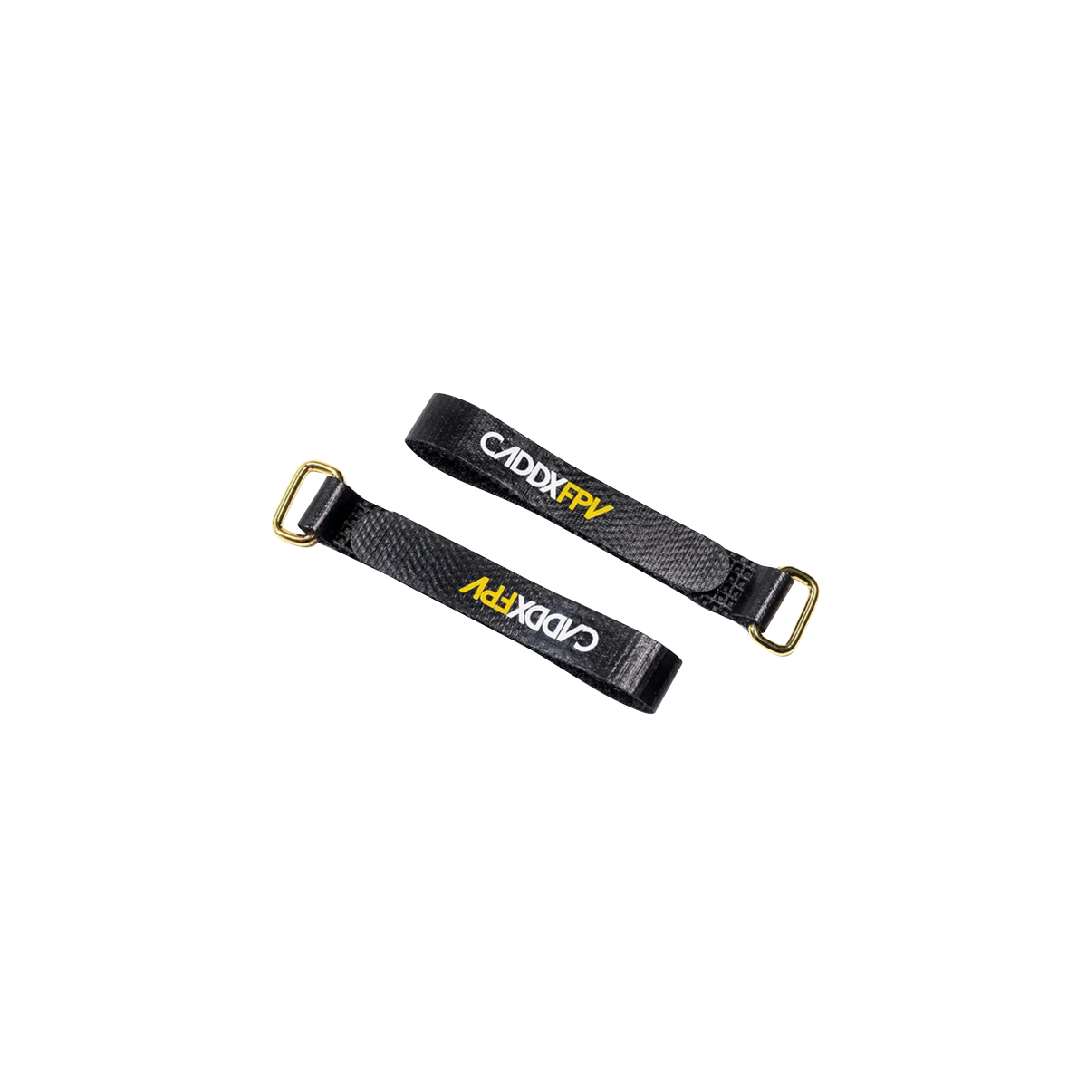 CADDXFPV Skid Battery Strap set, two black hook-and-loop straps with CADDXFPV logo and gold buckles