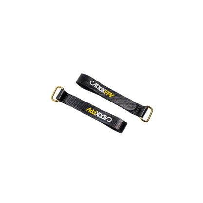 CADDXFPV Skid Battery Strap set, two black hook-and-loop straps with CADDXFPV logo and gold buckles