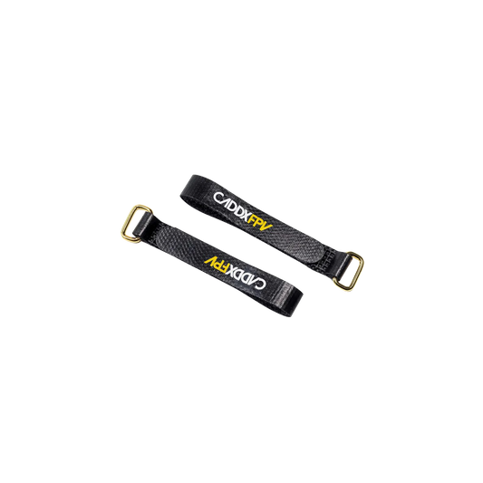 CADDXFPV Skid Battery Strap set, two black hook-and-loop straps with CADDXFPV logo and gold buckles