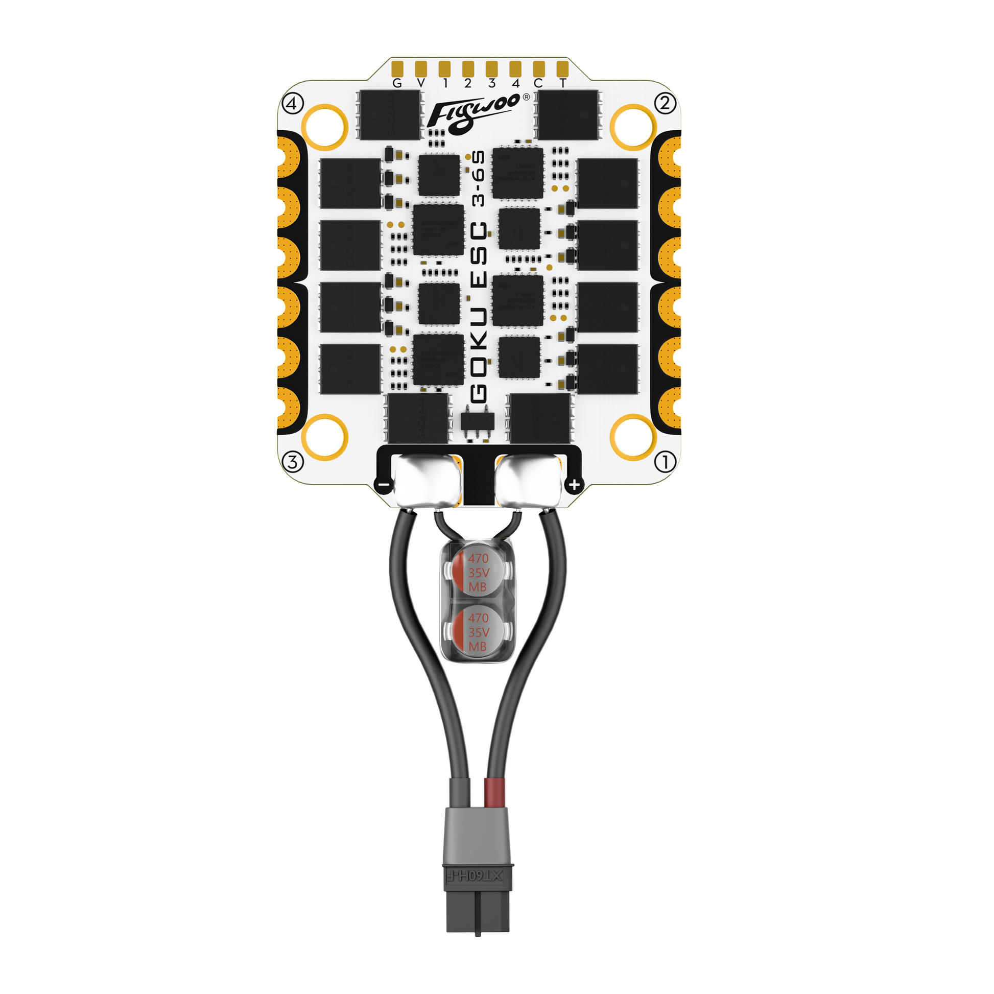 Flywoo GOKU ESC 3-6S power filter board with XT60H lead and dual 470uF 35V capacitors