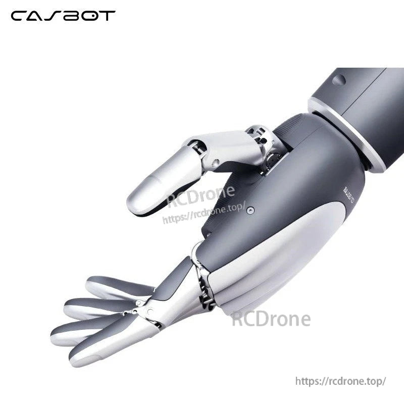 CASBOT Handle-L1 robotic hand and forearm assembly with silver five-finger dexterous gripper