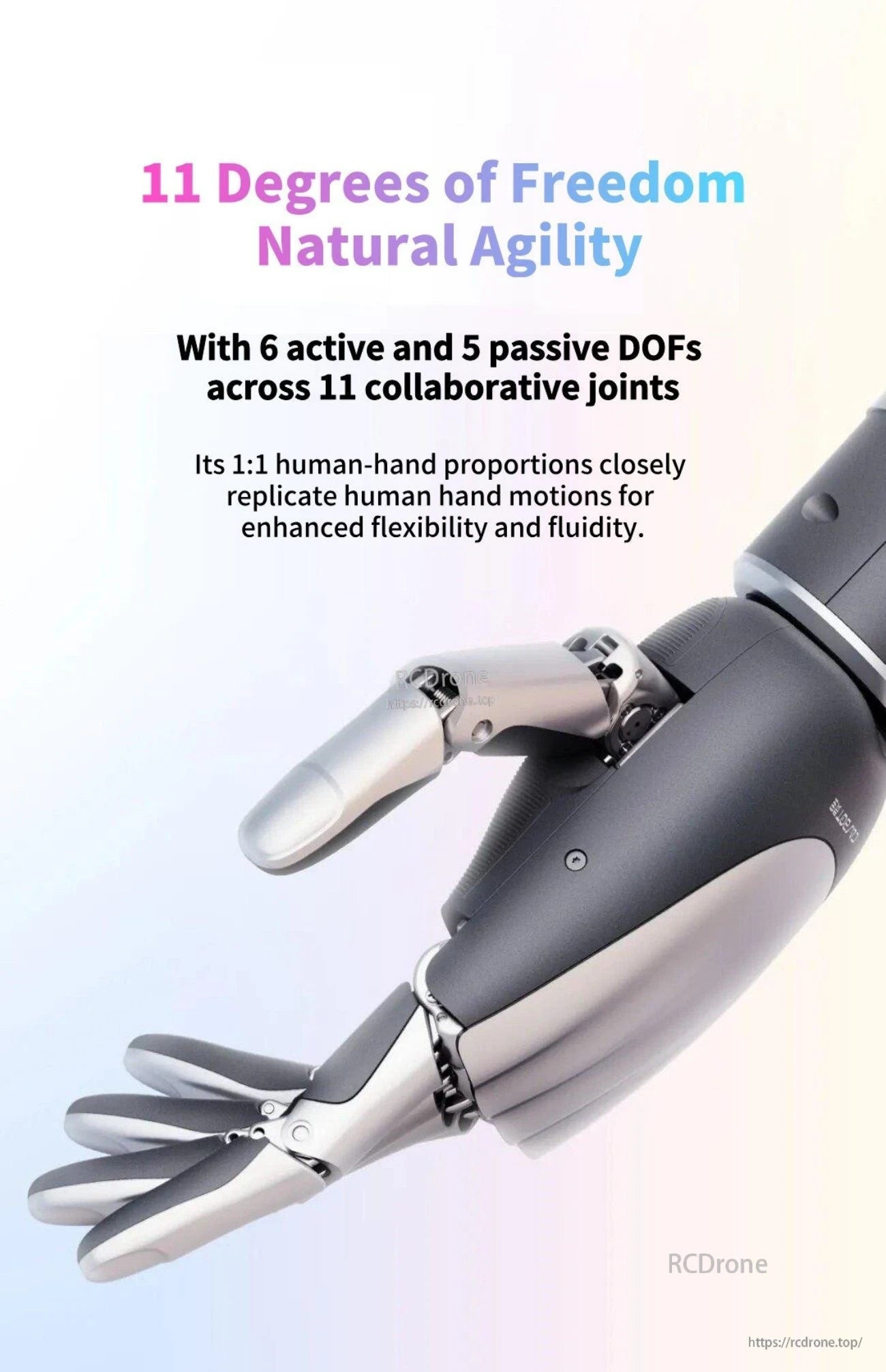 CASBOT Handle-L1 robotic hand with five fingers, highlighting 11 degrees of freedom and human-hand proportions
