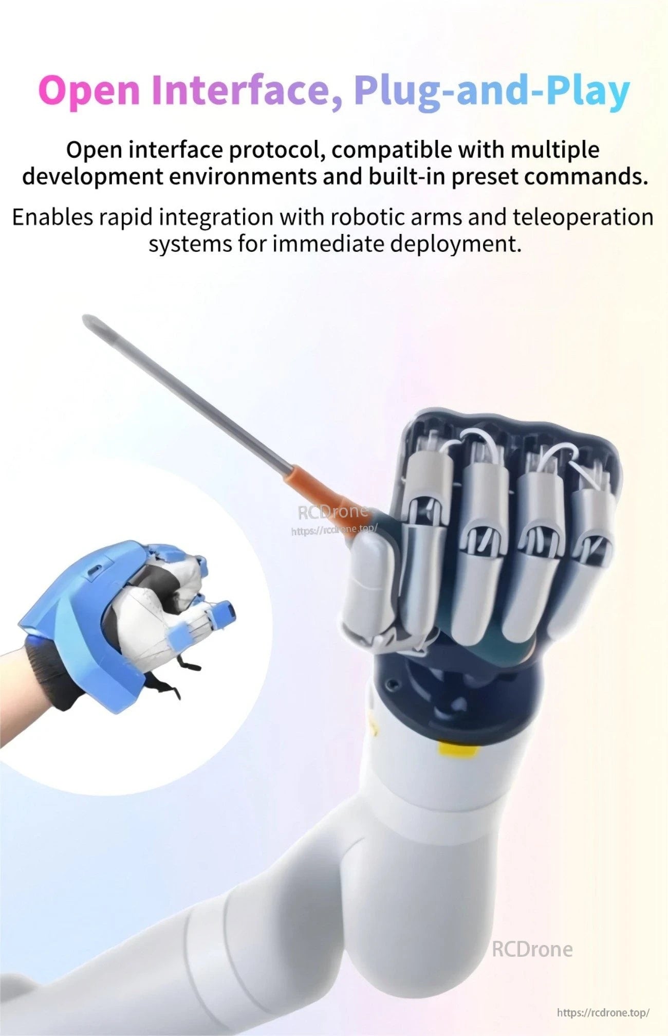 Robotic five-finger hand gripping a screwdriver, with text about an open interface protocol and plug-and-play integration