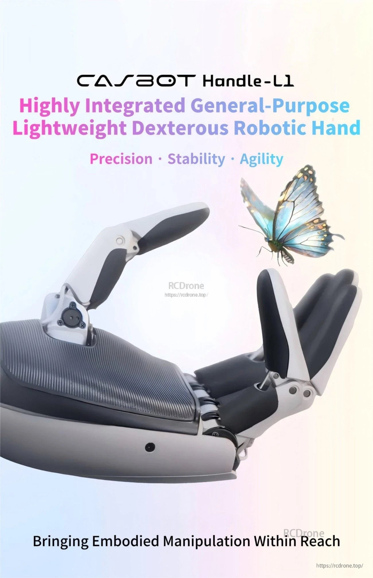 CASBOT Handle-L1 dexterous robotic hand with five articulated fingers, shown in close-up gripping pose