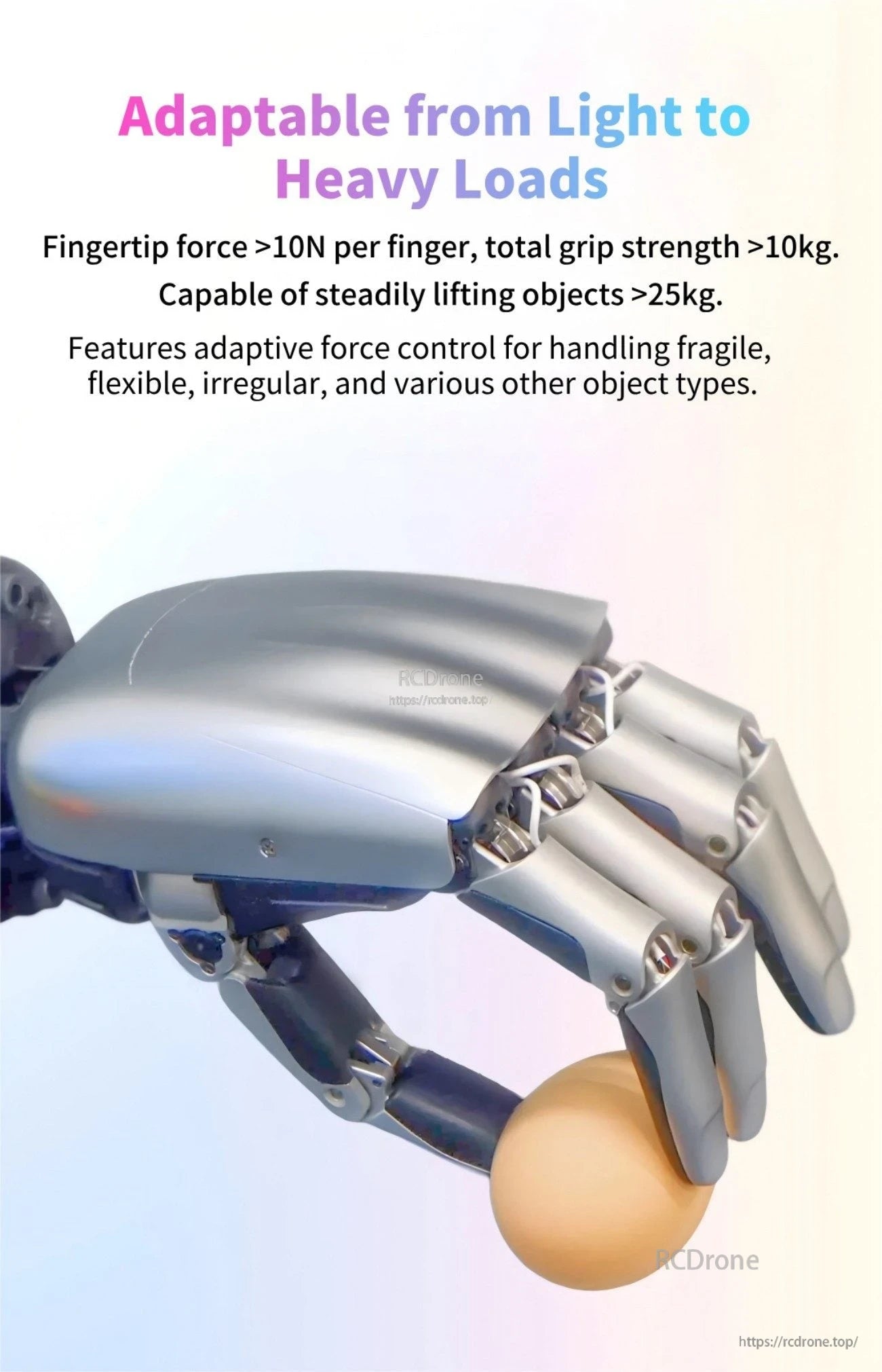 CASBOT Handle-L1 five-finger robotic hand gripping a ball, with text noting adaptive force control and heavy-load capability