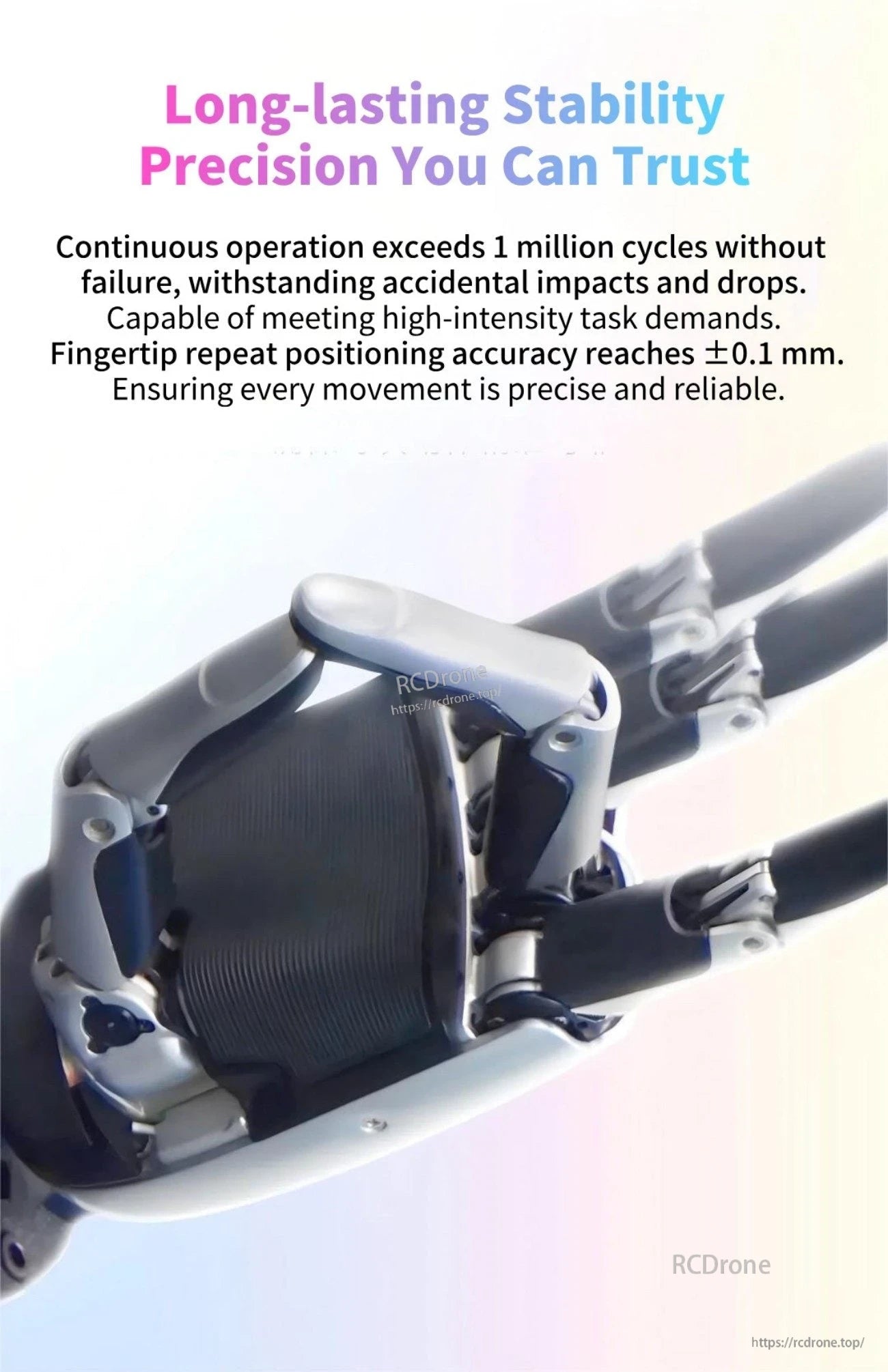 CASBOT Handle-L1 robotic hand close-up with five-finger joints and text citing 1 million cycles and ±0.1 mm accuracy