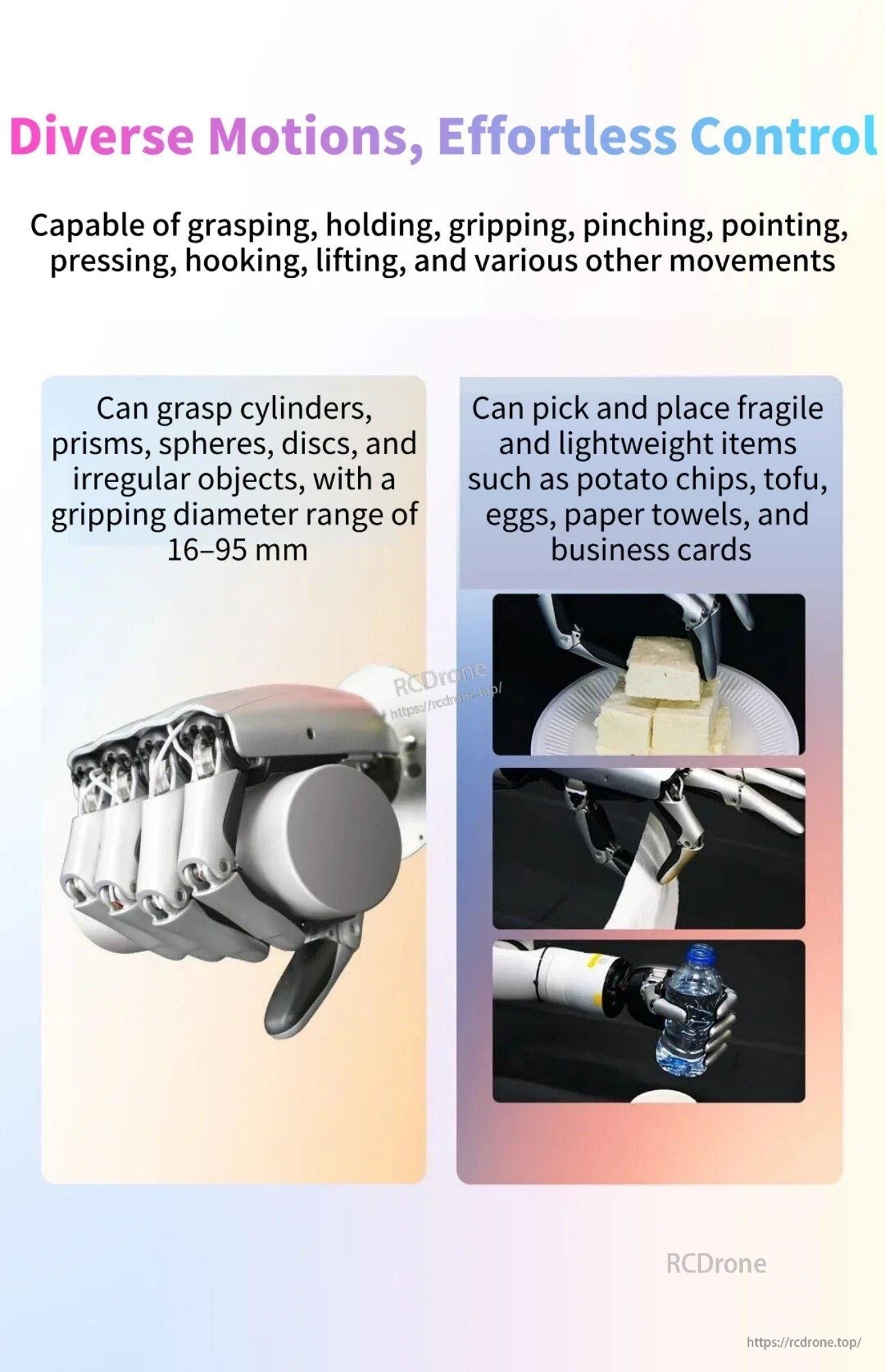CASBOT Handle-L1 five-finger robotic hand infographic with 16–95 mm grip range and delicate object handling examples