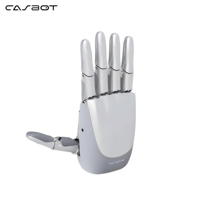 CASBOT Handle-L1 five-finger robotic hand with articulated white fingers and open thumb on a compact palm housing
