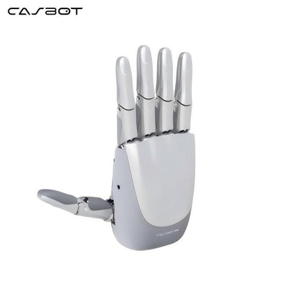 CASBOT Handle-L1 five-finger robotic hand with articulated white fingers and open thumb on a compact palm housing