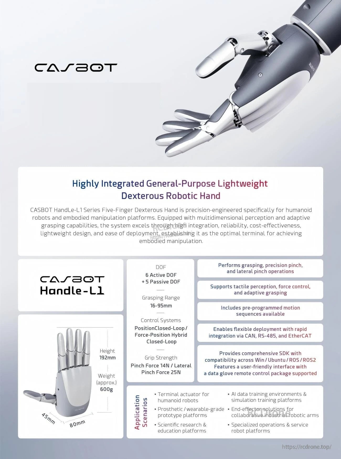 CASBOT Handle-L1 five-finger dexterous robotic hand with integrated palm and articulated fingers, 11 DOF specs