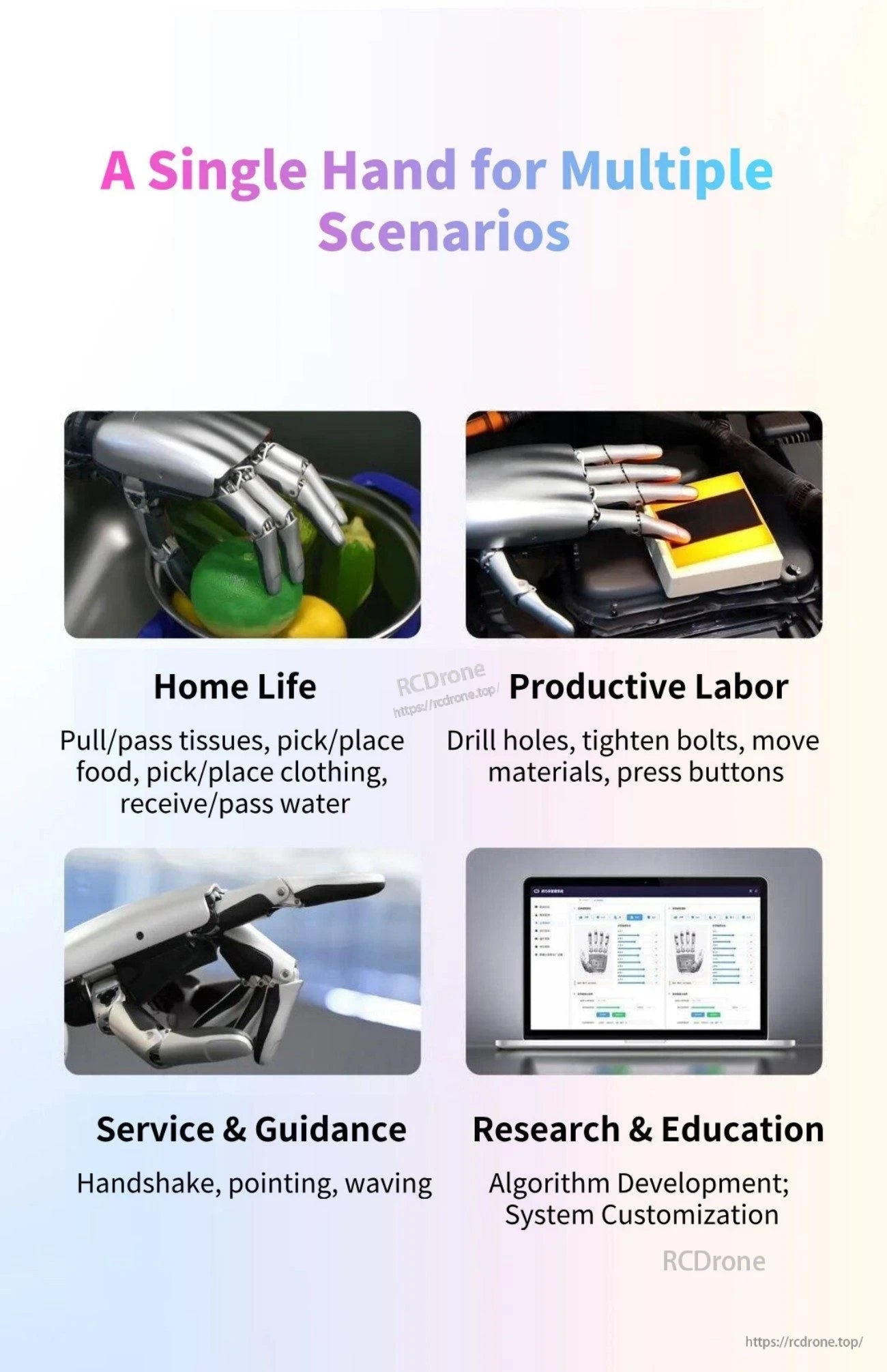 CASBOT Handle-L1 robotic hand application graphic showing gripping, button pressing, gestures, and software control